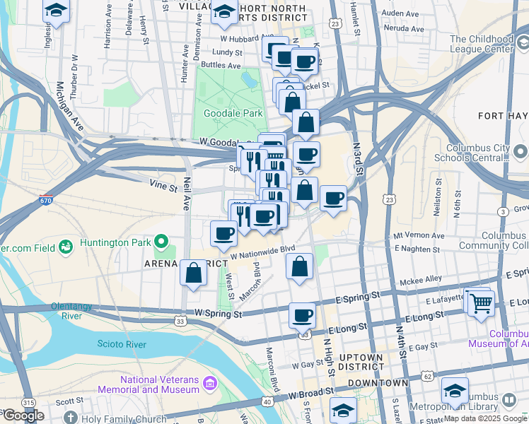 map of restaurants, bars, coffee shops, grocery stores, and more near 423 North Front Street in Columbus