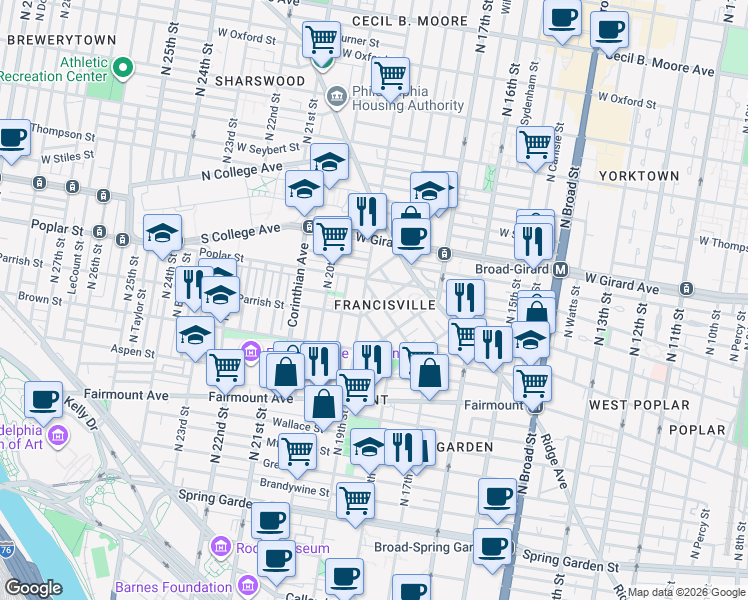 map of restaurants, bars, coffee shops, grocery stores, and more near 860 North 19th Street in Philadelphia