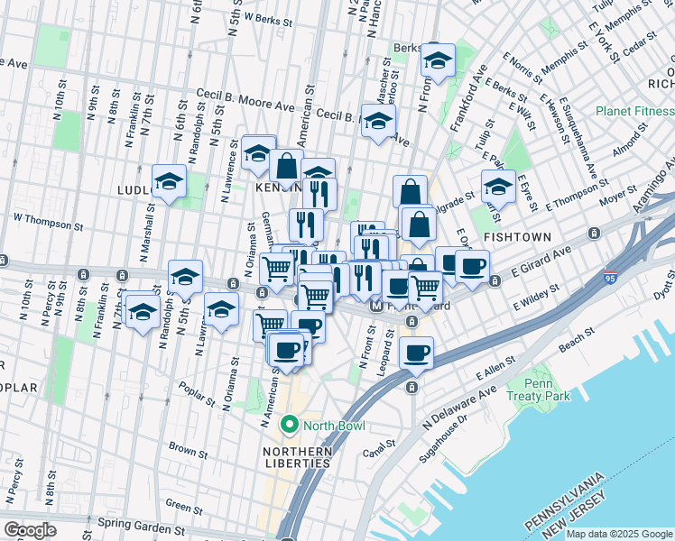 map of restaurants, bars, coffee shops, grocery stores, and more near 1245 North Hancock Street in Philadelphia