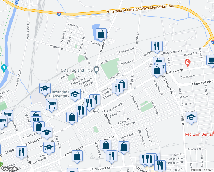 map of restaurants, bars, coffee shops, grocery stores, and more near 848 East Philadelphia Street in York