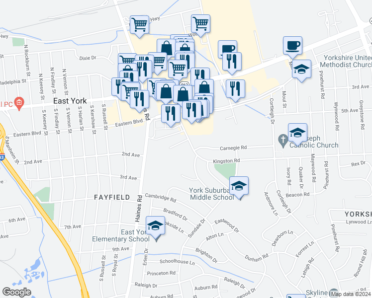 map of restaurants, bars, coffee shops, grocery stores, and more near 2550 Kingston Road in East York