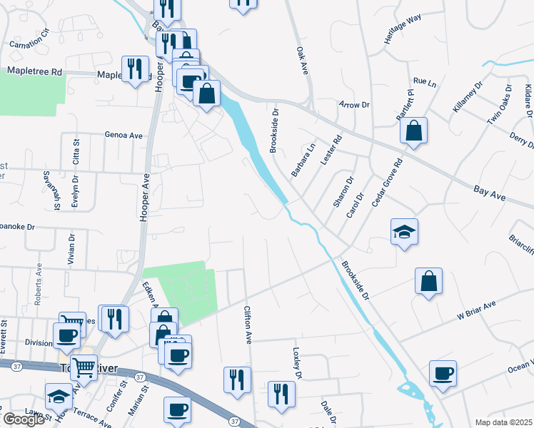map of restaurants, bars, coffee shops, grocery stores, and more near 166 Lester Road in Toms River