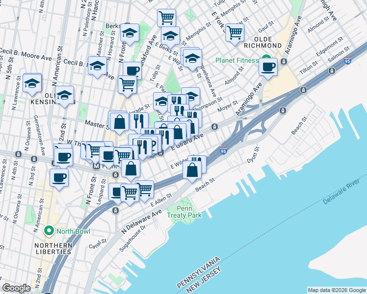 map of restaurants, bars, coffee shops, grocery stores, and more near in Philadelphia
