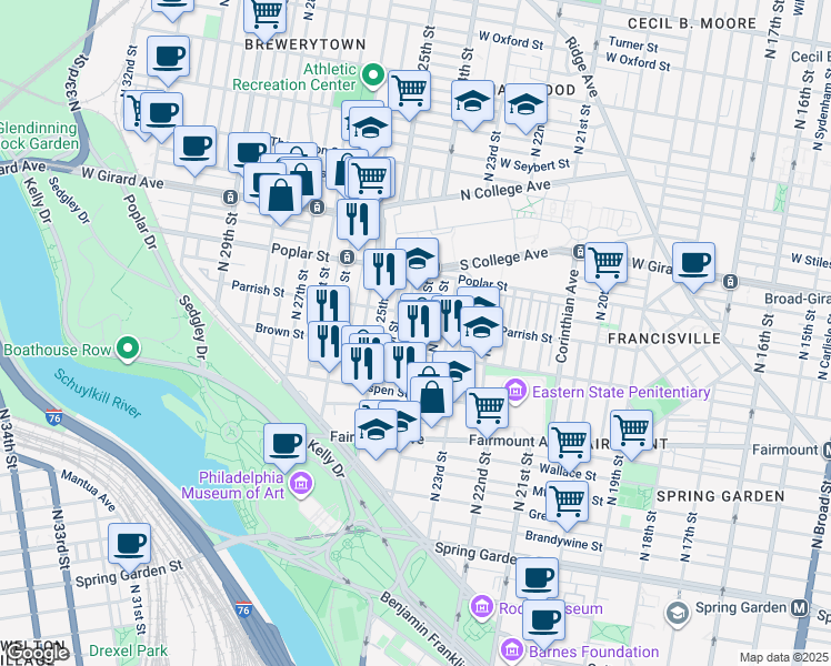 map of restaurants, bars, coffee shops, grocery stores, and more near 818 North 24th Street in Philadelphia