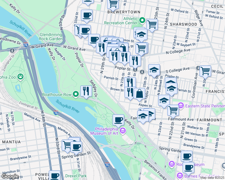 map of restaurants, bars, coffee shops, grocery stores, and more near 2732 Brown Street in Philadelphia