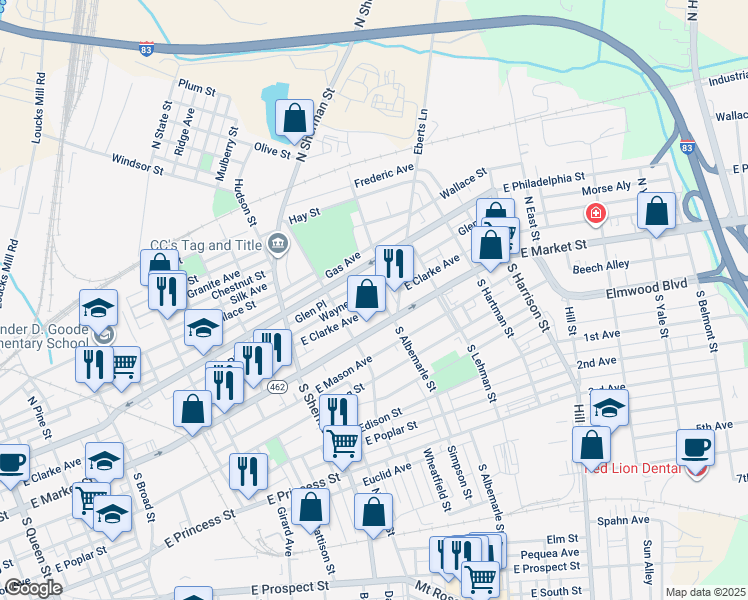 map of restaurants, bars, coffee shops, grocery stores, and more near 940 Wayne Avenue in York