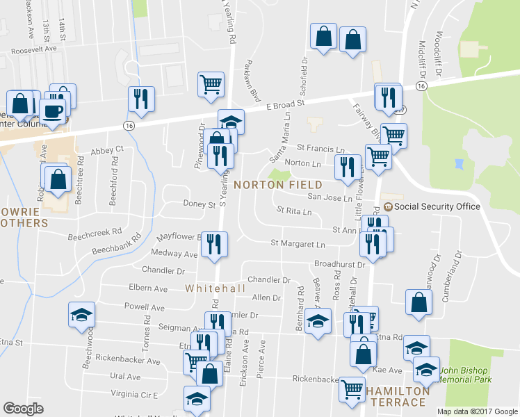 map of restaurants, bars, coffee shops, grocery stores, and more near 228 Santa Maria Lane in Columbus