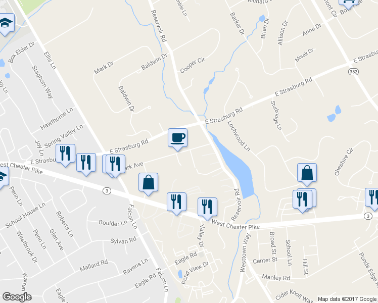 map of restaurants, bars, coffee shops, grocery stores, and more near 1334 Park Avenue in West Chester