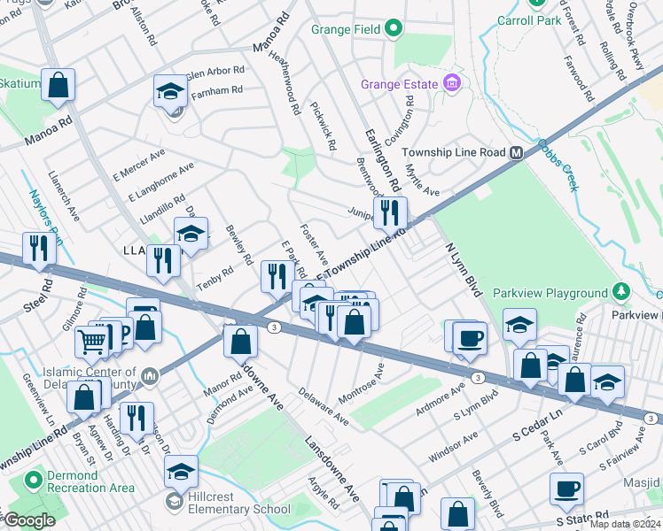 map of restaurants, bars, coffee shops, grocery stores, and more near 300 East Township Line Road in Havertown