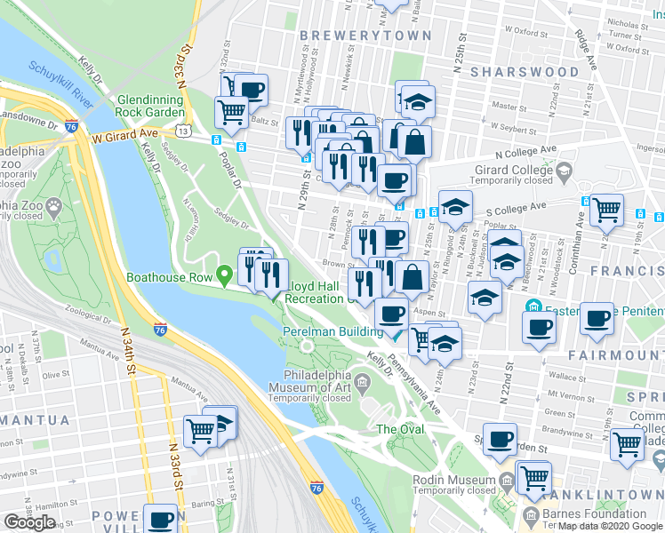 map of restaurants, bars, coffee shops, grocery stores, and more near 2732 Brown Street in Philadelphia