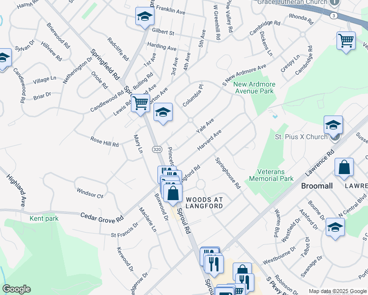 map of restaurants, bars, coffee shops, grocery stores, and more near 411 Yale Avenue in Broomall