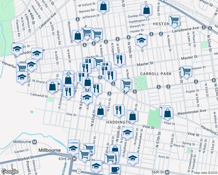 map of restaurants, bars, coffee shops, grocery stores, and more near 520 North 61st Street in Philadelphia