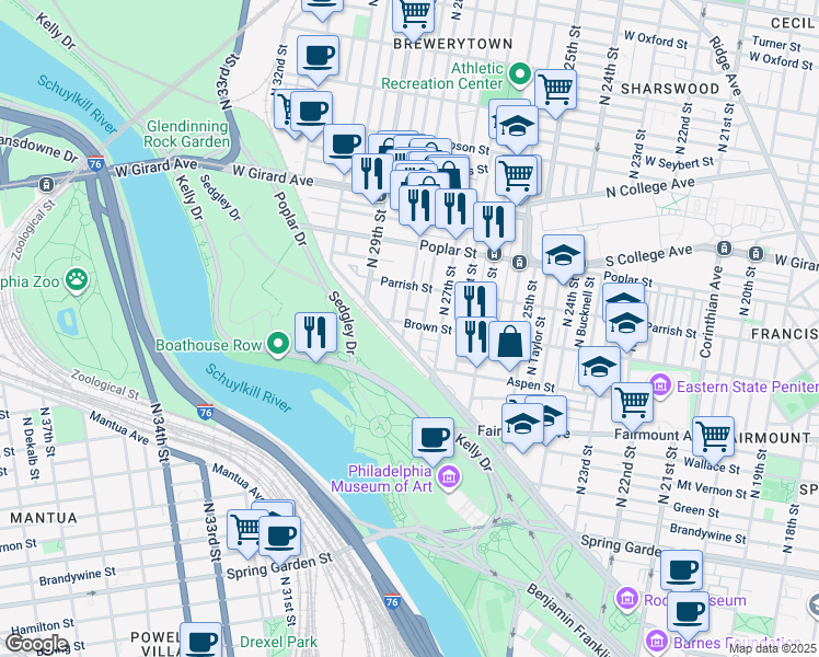 map of restaurants, bars, coffee shops, grocery stores, and more near 2736 Brown Street in Philadelphia