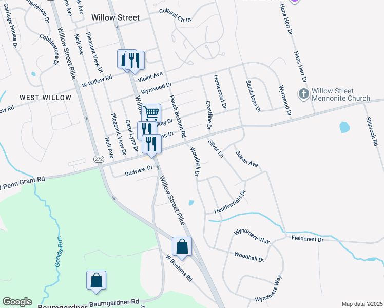 map of restaurants, bars, coffee shops, grocery stores, and more near 412 Woodhall Drive in Willow Street