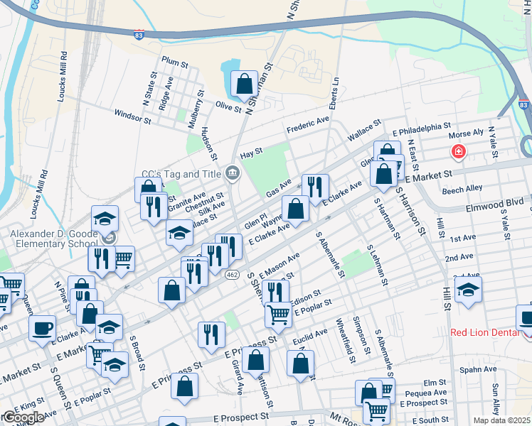 map of restaurants, bars, coffee shops, grocery stores, and more near 66 North Tremont Street in York