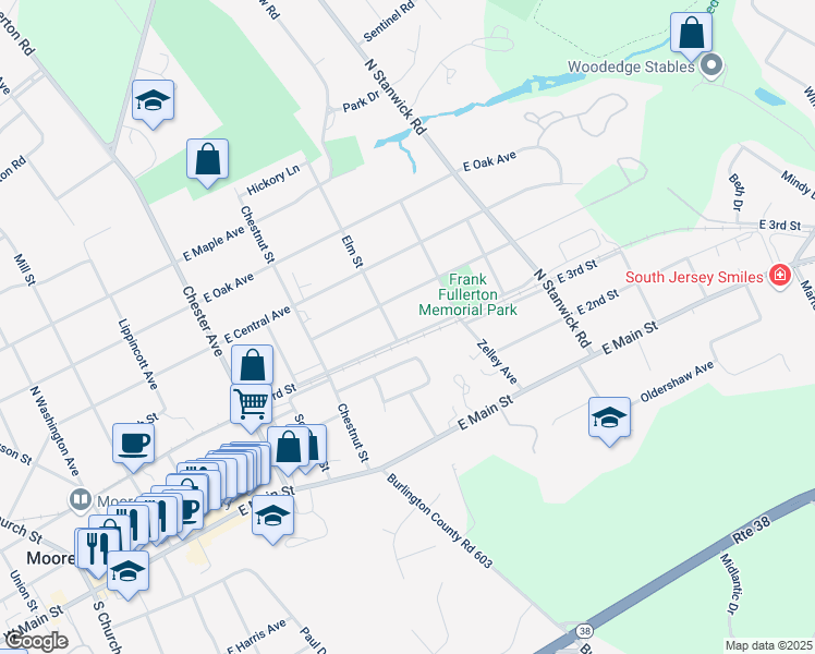 map of restaurants, bars, coffee shops, grocery stores, and more near 269 East 3rd Street in Moorestown