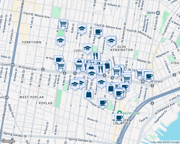map of restaurants, bars, coffee shops, grocery stores, and more near 511 West Girard Avenue in Philadelphia