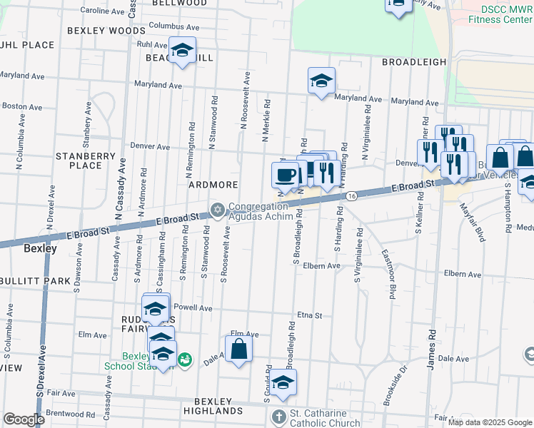 map of restaurants, bars, coffee shops, grocery stores, and more near 21 South Merkle Road in Bexley