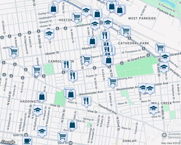 map of restaurants, bars, coffee shops, grocery stores, and more near 657 North Conestoga Street in Philadelphia