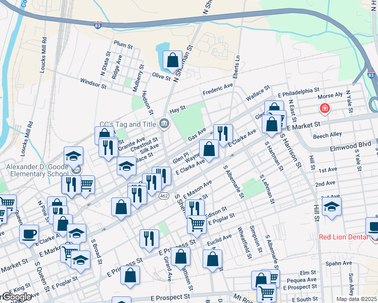 map of restaurants, bars, coffee shops, grocery stores, and more near 66 North Tremont Street in York