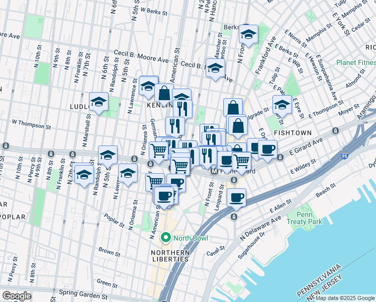 map of restaurants, bars, coffee shops, grocery stores, and more near 1238 North Hancock Street in Philadelphia