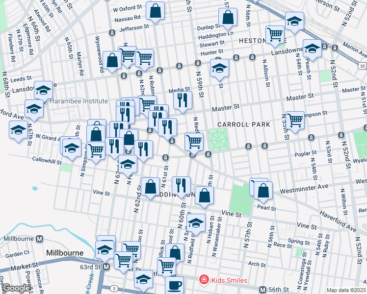 map of restaurants, bars, coffee shops, grocery stores, and more near 6029 Haverford Avenue in Philadelphia