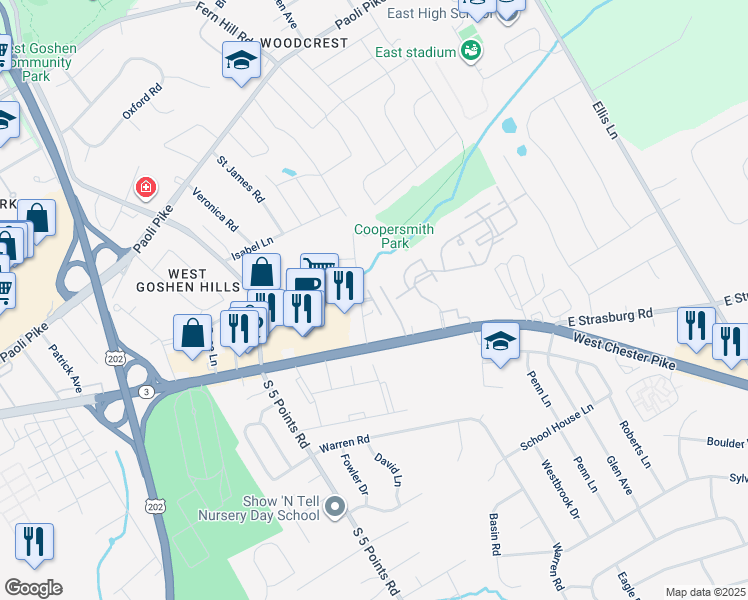 map of restaurants, bars, coffee shops, grocery stores, and more near East Spring Lane in Chester County