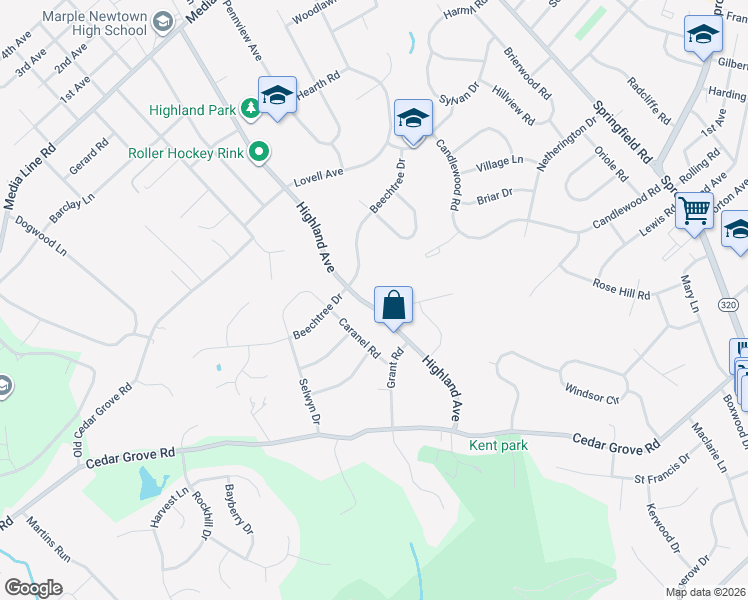 map of restaurants, bars, coffee shops, grocery stores, and more near 2621 Highland Avenue in Broomall
