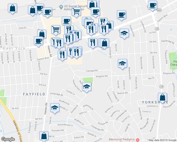 map of restaurants, bars, coffee shops, grocery stores, and more near 2672 Carnegie Road in York