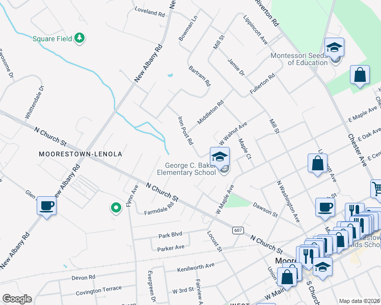 map of restaurants, bars, coffee shops, grocery stores, and more near 704 Iron Post Road in Moorestown