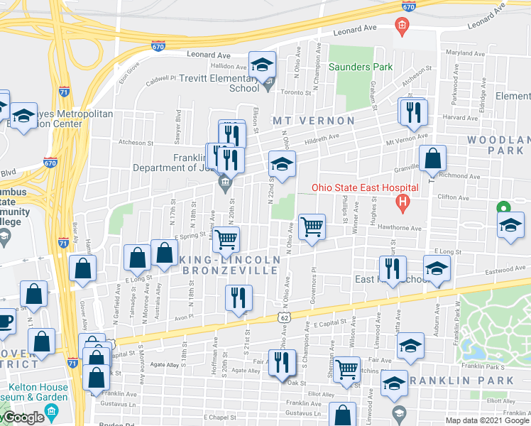 map of restaurants, bars, coffee shops, grocery stores, and more near 225 North 22nd Street in Columbus