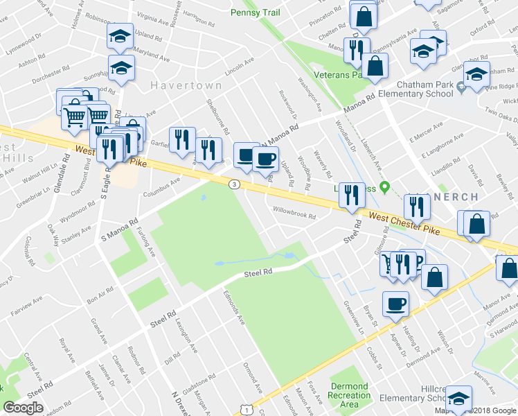 map of restaurants, bars, coffee shops, grocery stores, and more near 629 Country Club Lane in Havertown