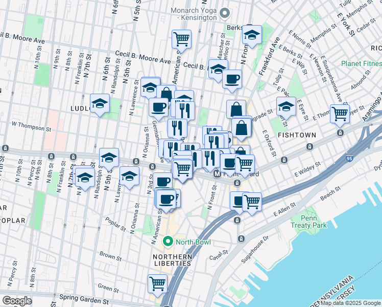 map of restaurants, bars, coffee shops, grocery stores, and more near 1238 North Hancock Street in Philadelphia