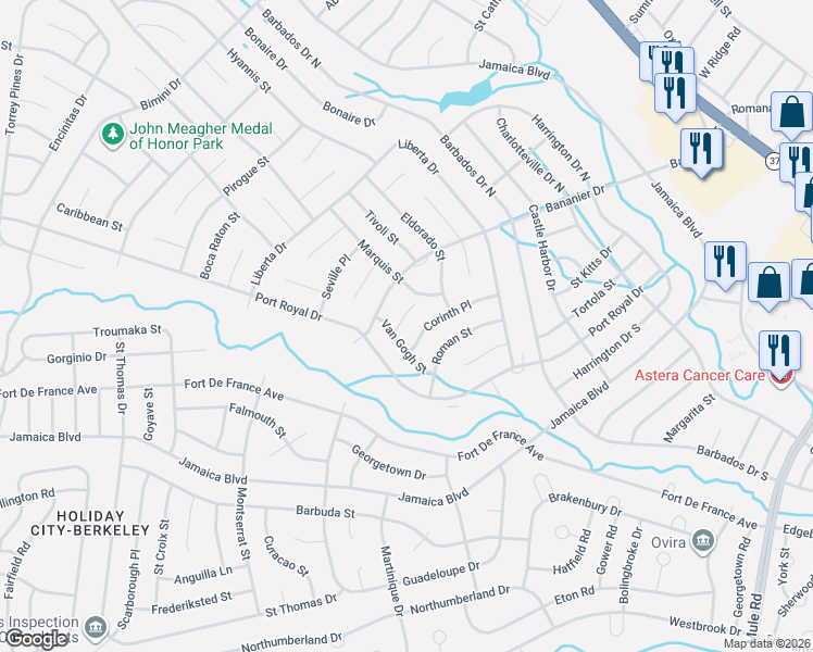 map of restaurants, bars, coffee shops, grocery stores, and more near 33 Corinth Place in Toms River