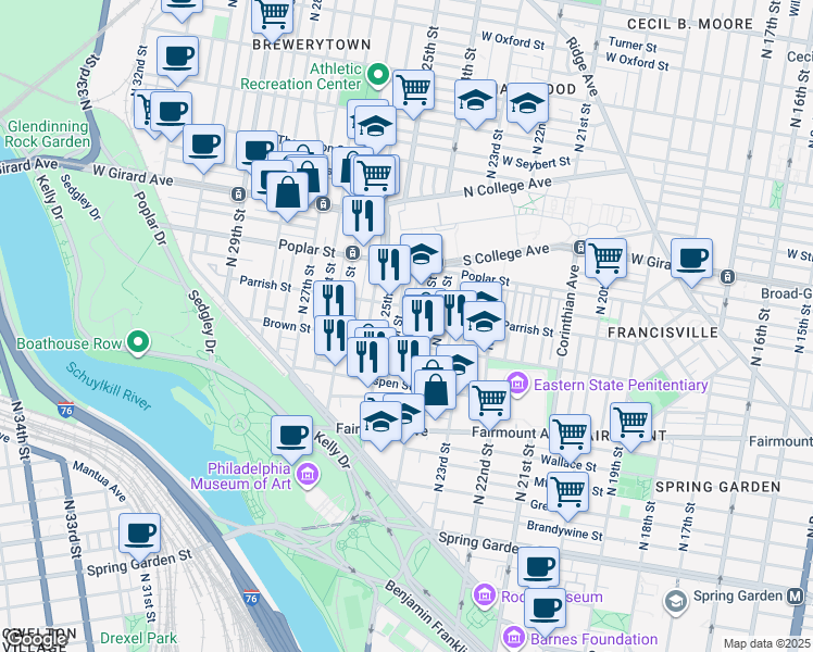 map of restaurants, bars, coffee shops, grocery stores, and more near 824 North Ringgold Street in Philadelphia