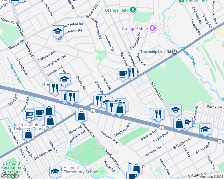 map of restaurants, bars, coffee shops, grocery stores, and more near 300 East Township Line Road in Havertown