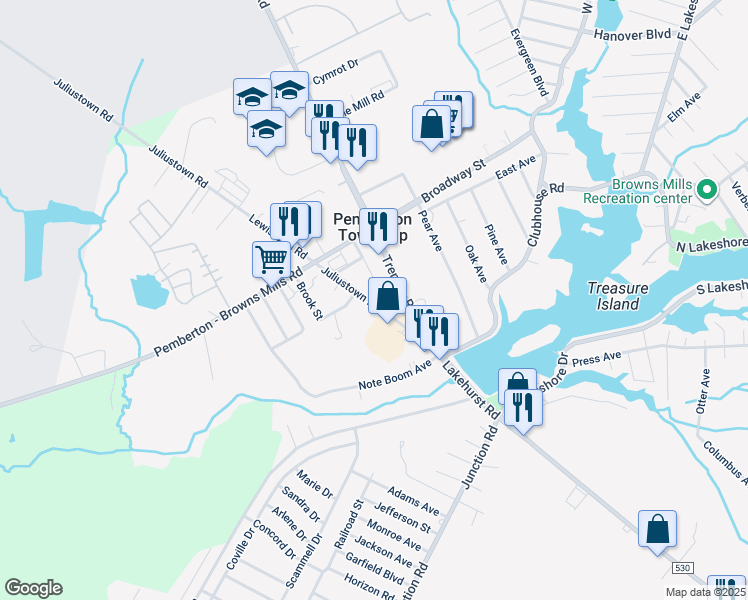 map of restaurants, bars, coffee shops, grocery stores, and more near 16 Juliustown Road in Burlington County