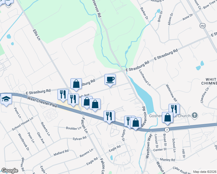 map of restaurants, bars, coffee shops, grocery stores, and more near 1335 Park Avenue in West Chester