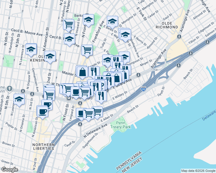 map of restaurants, bars, coffee shops, grocery stores, and more near in Philadelphia