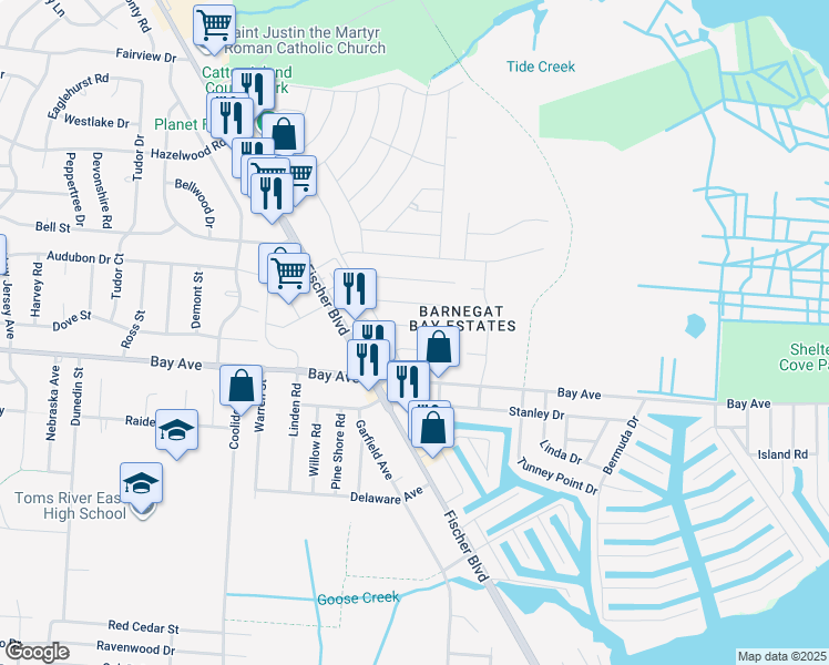 map of restaurants, bars, coffee shops, grocery stores, and more near 1229 Condor Street in Toms River