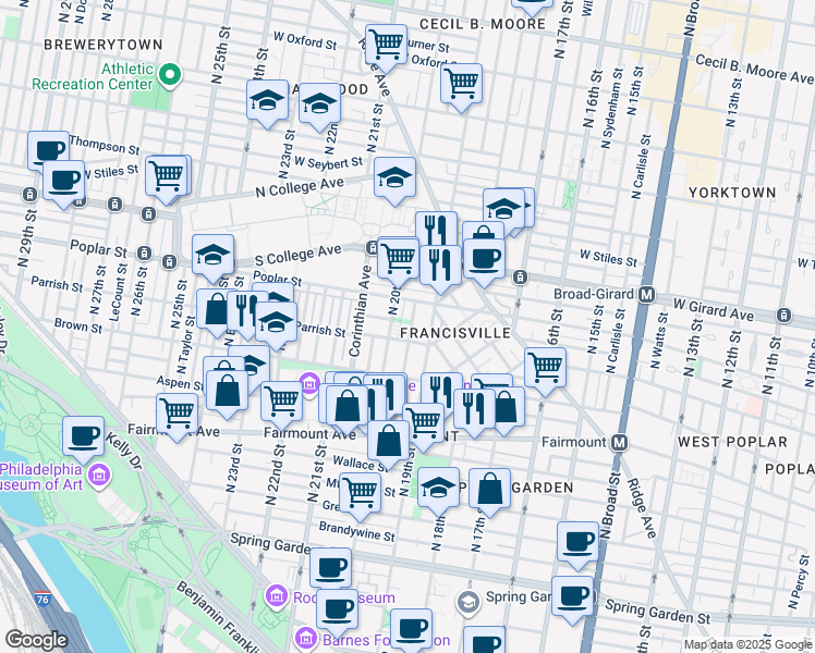 map of restaurants, bars, coffee shops, grocery stores, and more near 852 North Uber Street in Philadelphia