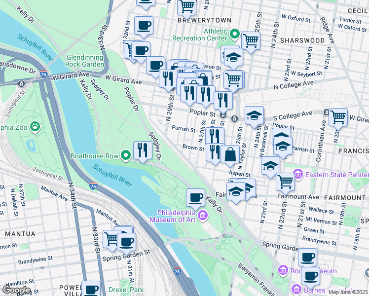 map of restaurants, bars, coffee shops, grocery stores, and more near 2736 Brown Street in Philadelphia