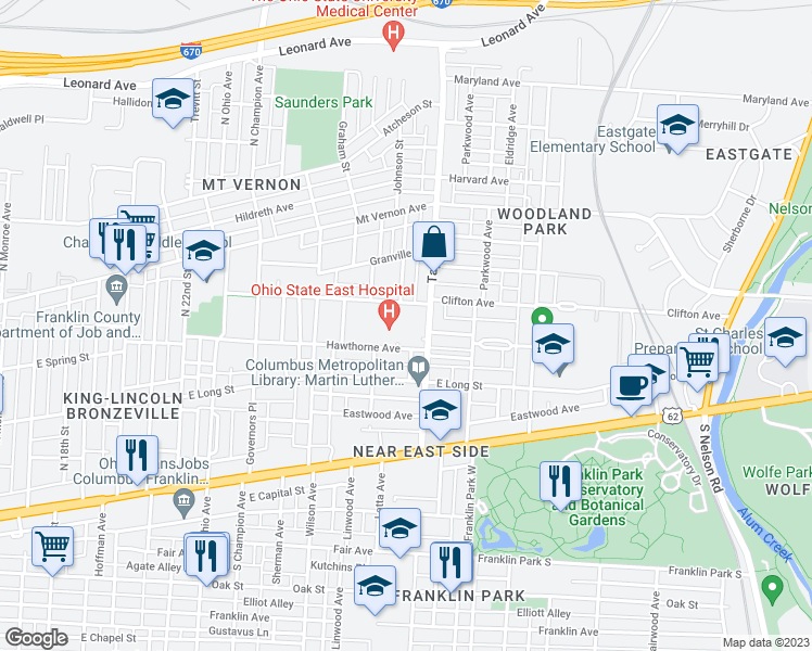 map of restaurants, bars, coffee shops, grocery stores, and more near 1450 Hawthorne Avenue in Columbus