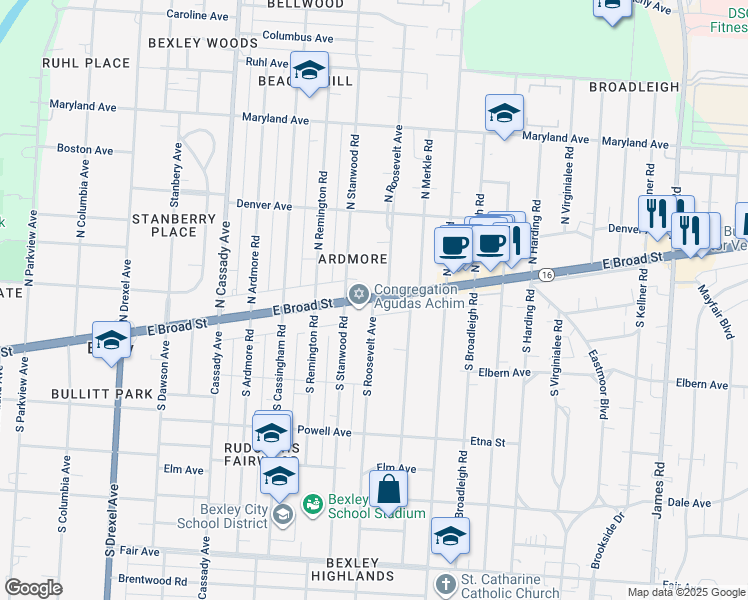 map of restaurants, bars, coffee shops, grocery stores, and more near 6 South Roosevelt Avenue in Bexley