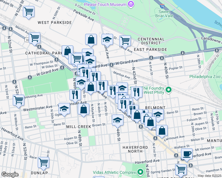 map of restaurants, bars, coffee shops, grocery stores, and more near 929 Belmont Avenue in Philadelphia