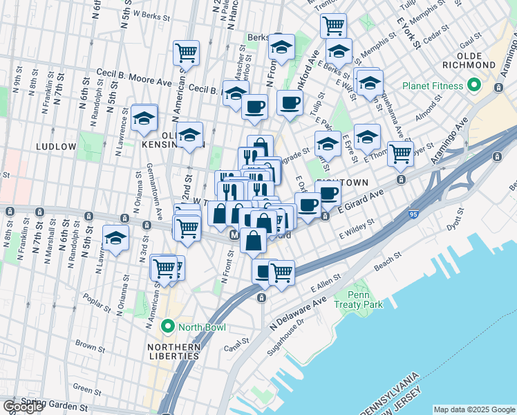 map of restaurants, bars, coffee shops, grocery stores, and more near 1240 Frankford Avenue in Philadelphia