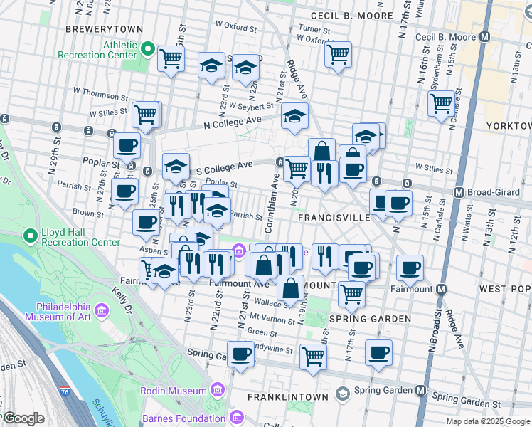 map of restaurants, bars, coffee shops, grocery stores, and more near 852 Corinthian Avenue in Philadelphia