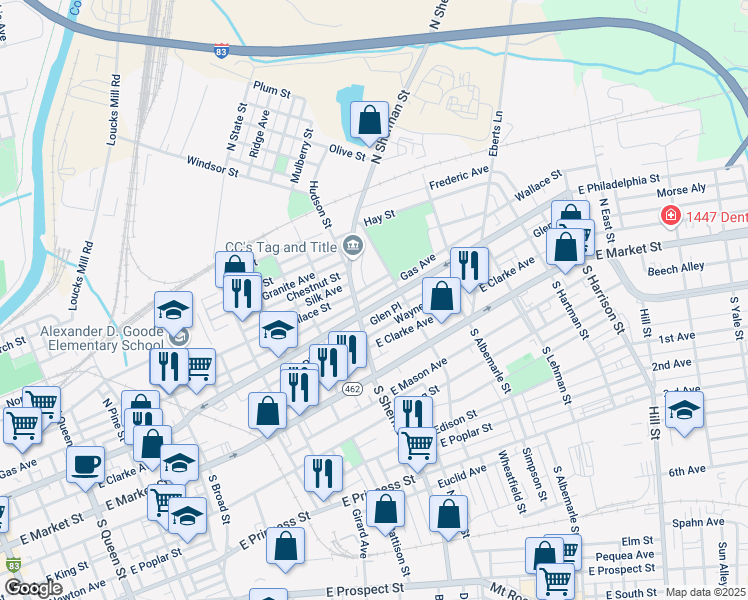 map of restaurants, bars, coffee shops, grocery stores, and more near 838 East Philadelphia Street in York