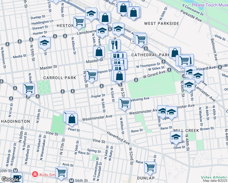 map of restaurants, bars, coffee shops, grocery stores, and more near 645 North 53rd Street in Philadelphia