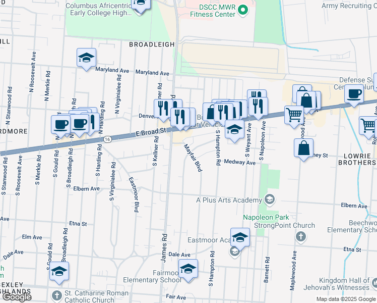 map of restaurants, bars, coffee shops, grocery stores, and more near 73 Mayfair Boulevard in Columbus